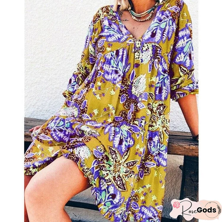 New Fashion Women Long Sleeve Summer Autumn Boho Floral Printed Beach Casual Loose Kaftan Tunic Beach Mini Dress Sundress