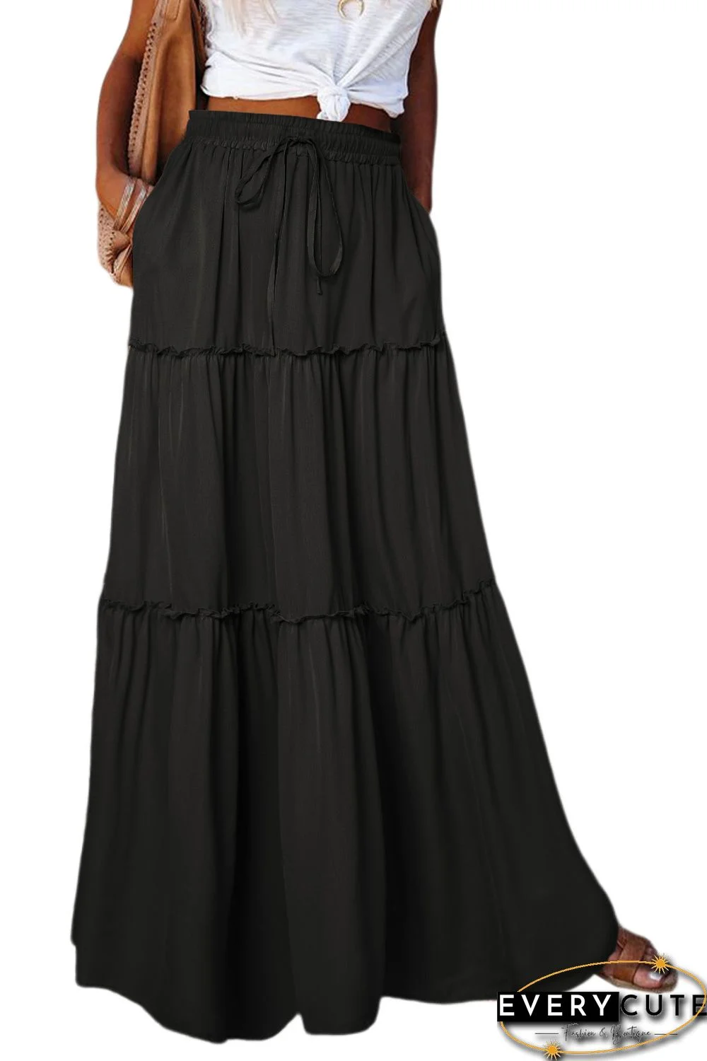 Black Frill Tiered Drawstring Waist Maxi Skirt