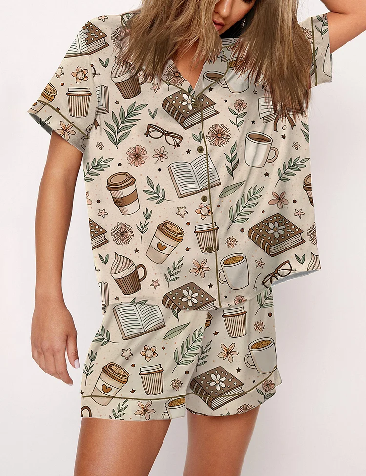 Women&rsquo;s Beige Coffee And Books Reading Lover Girly Bookish Print Short Sleeve Satin Pajama Set