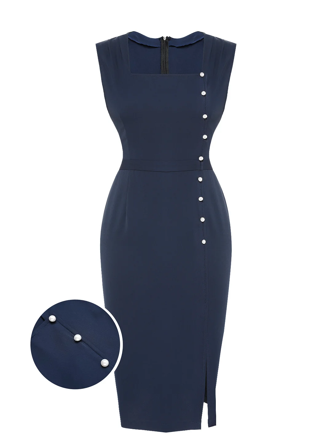 Navy Blue 1960s Decorative Button Pencil Dress