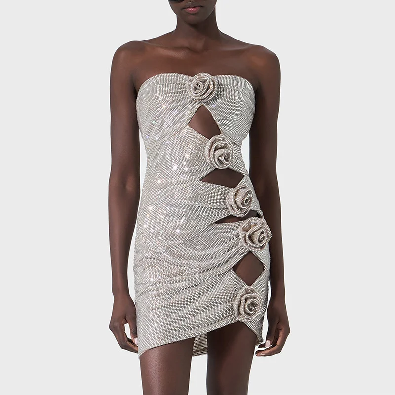 Brownm Dress Women 2025 Spring And Summer New Fashion Hottie Sexy Empty Flower Drilled Skirt
