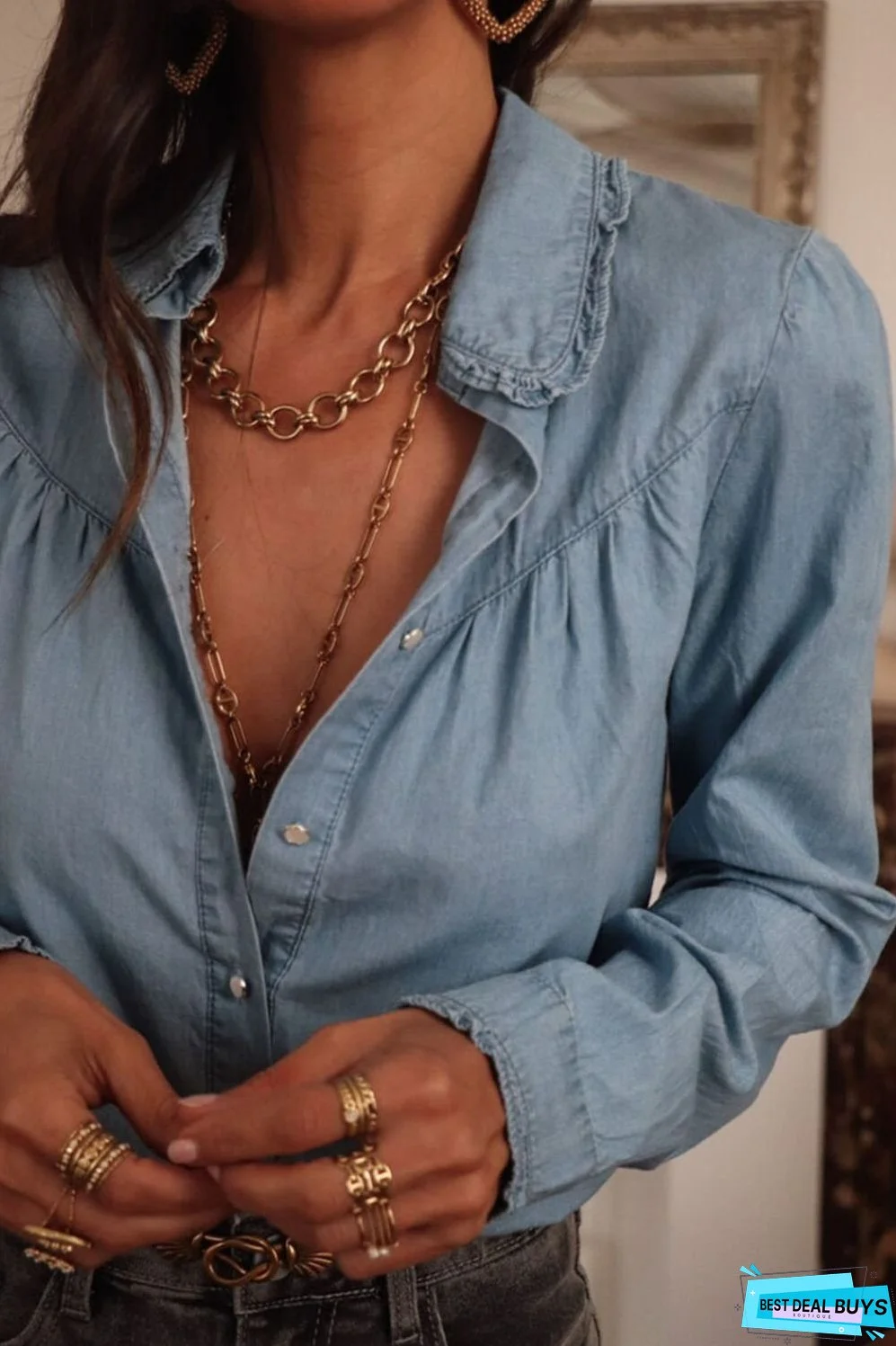 Button Up Long Sleeve Denim Top