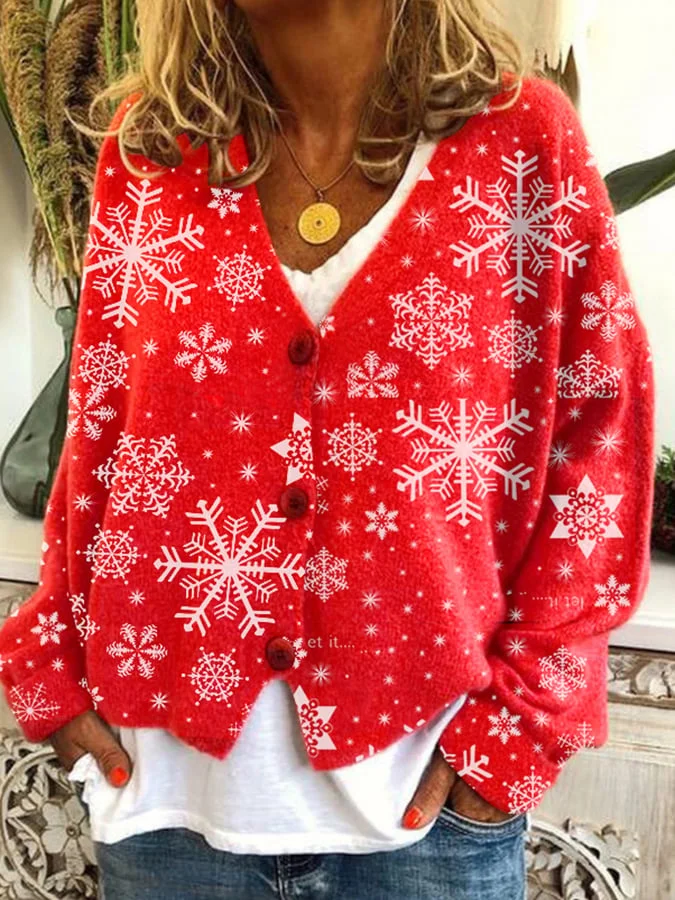 Women's Christmas Printed Loose Flannel Cardigan