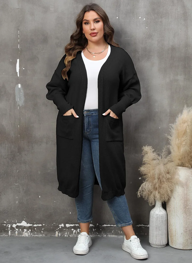 Autumn & Winter Essential Coat! EU/US Plus Size Women's Black Loose Mid-Length Knit Cardigan | Double Pockets + Lantern Sleeves🧥