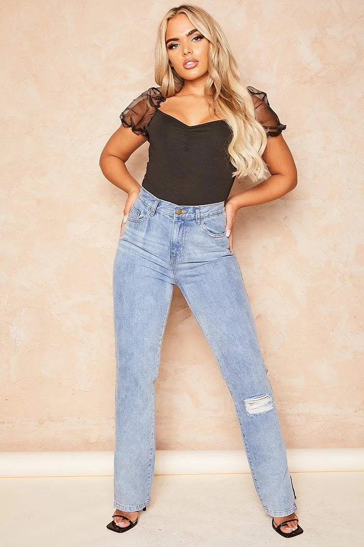Black Mesh Puff Sleeve Top - Aliza Katch Me