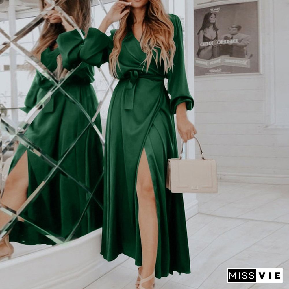 Women Elegant Long Wrap Dress Puff Long Sleeve V Neck Bandage Party Casual Silk Stain Maxi Dress Vestidos
