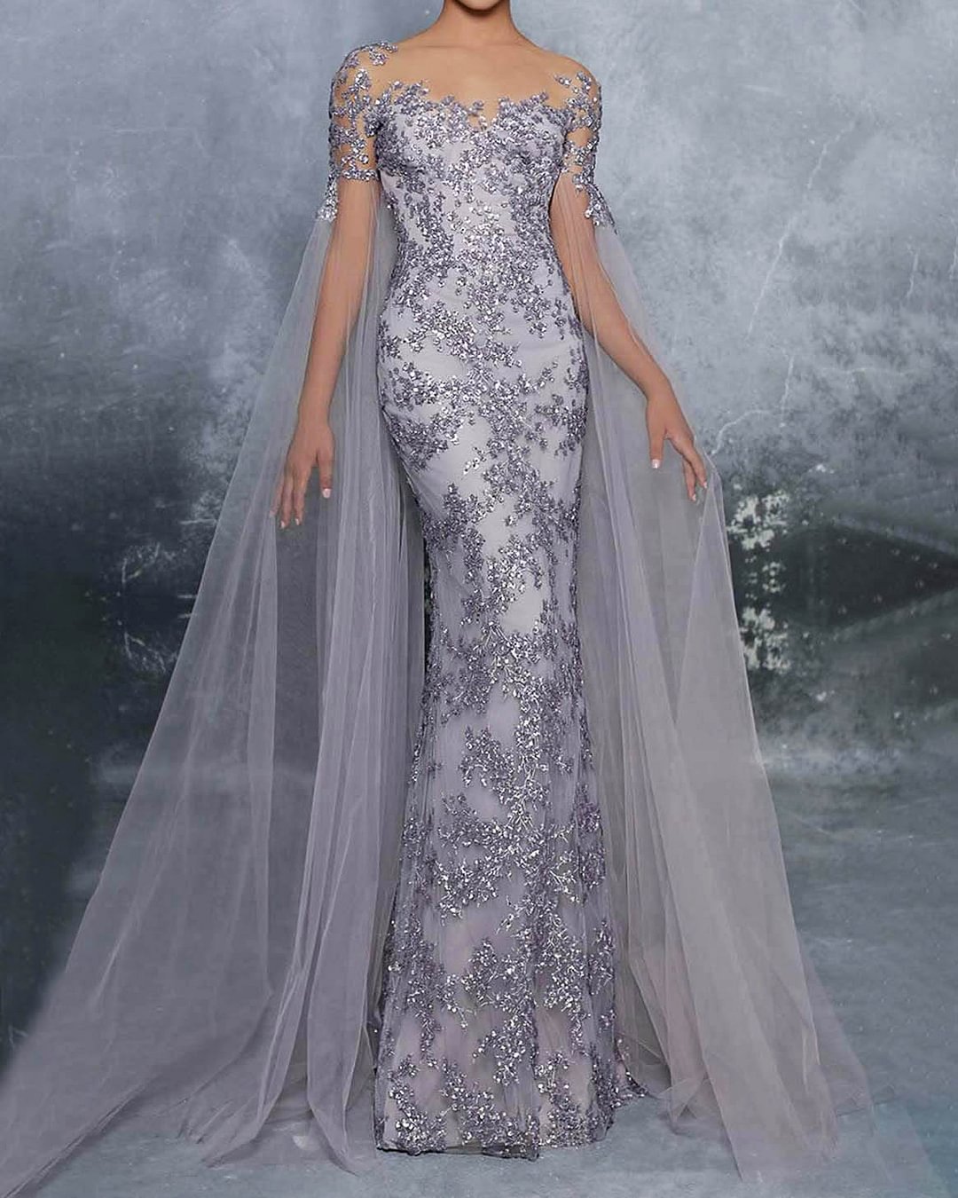 Mesh and sequin embroidered cape mermaid gown
