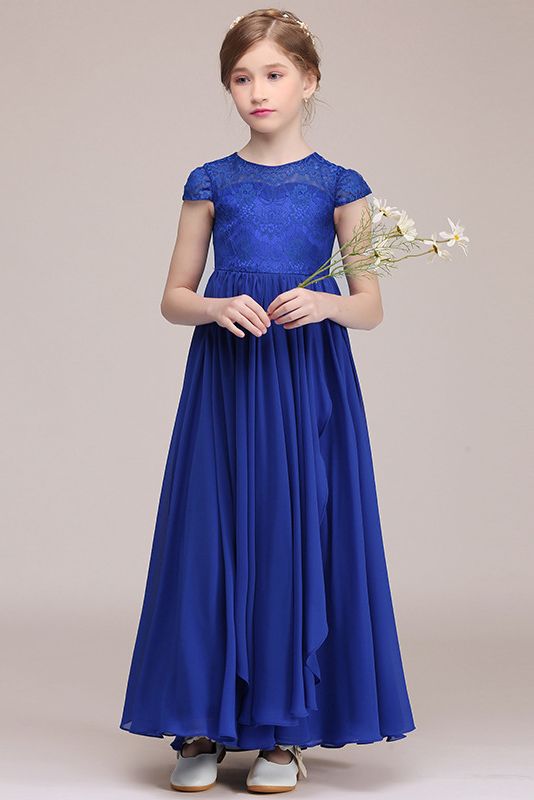 Dresseswow Royal Blue Illussion Neck Cap Sleeves Flower Girl Dress with Lace
