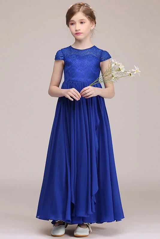 Bellasprom Royal Blue Illussion Neck Cap Sleeves Flower Girl Dress with Lace