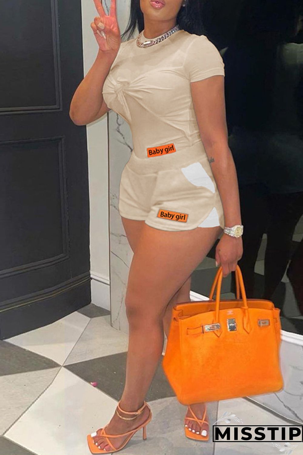 Light Purple Fashion Casual Patchwork With Bow O Neck Short Sleeve Two Pieces