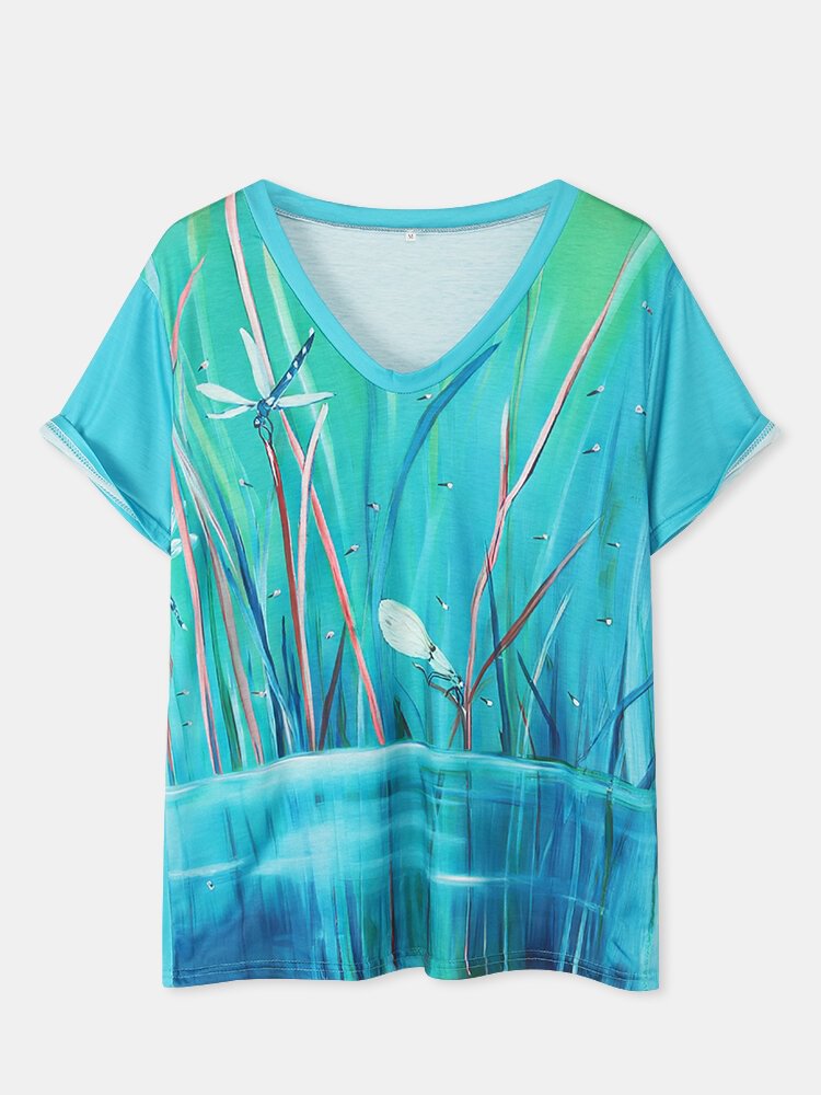 Dragonfly Plant Print O neck Short Sleeve Casual T shirt for Women P1798988