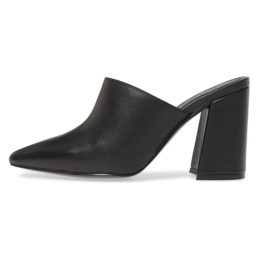 Women's Black Pointed Toe Casual Slip On Block Heeled Mules