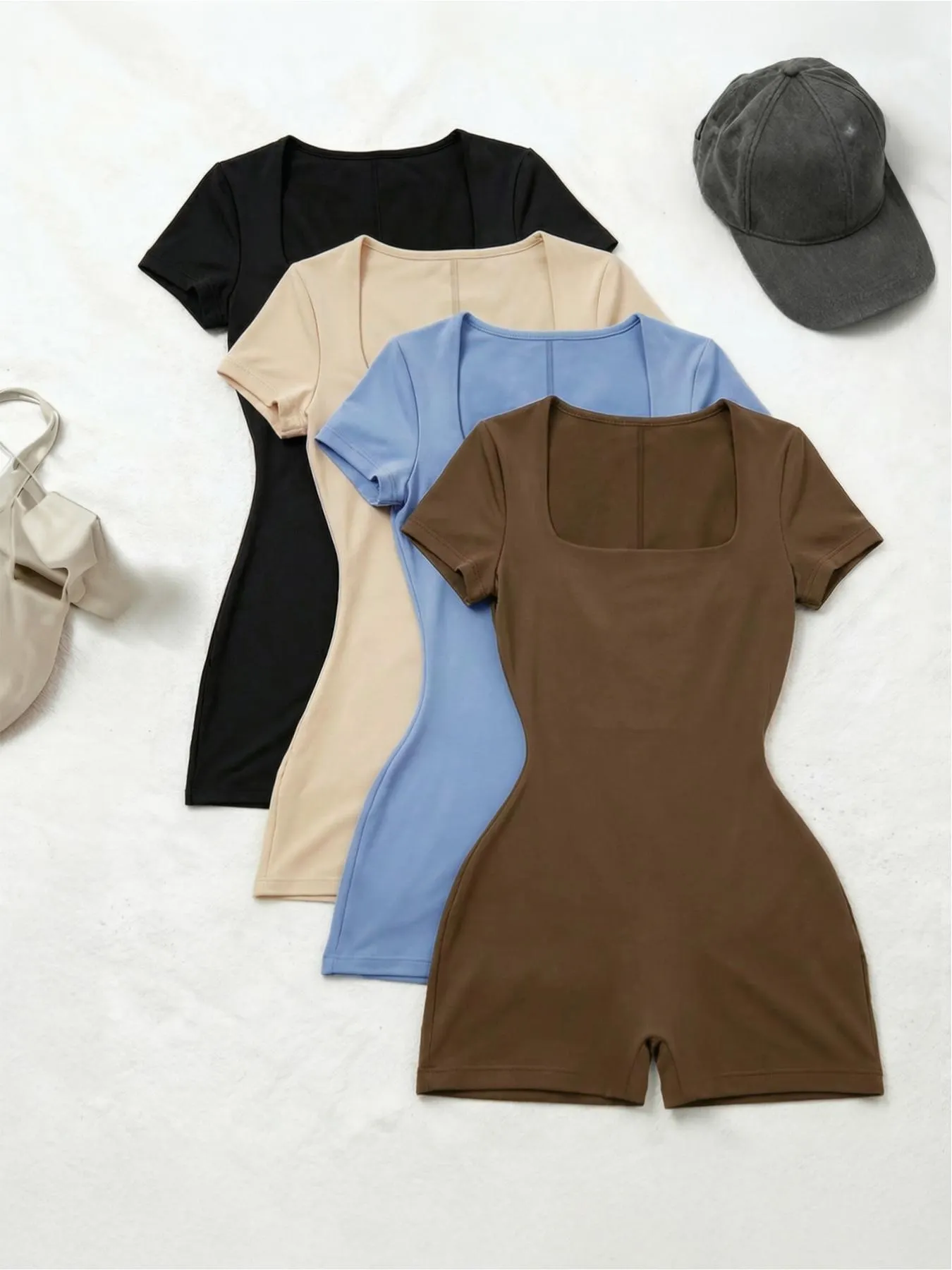 4-piece set Pure Desire Style Square Neck High Waist Waist-fitted One-piece Shorts, Slim Fit Bodycon Short-sleeve Bodysuit, Trendy, Casual, Flattering, Womenswear, Suitable for Everyday Wear and Campus Style
