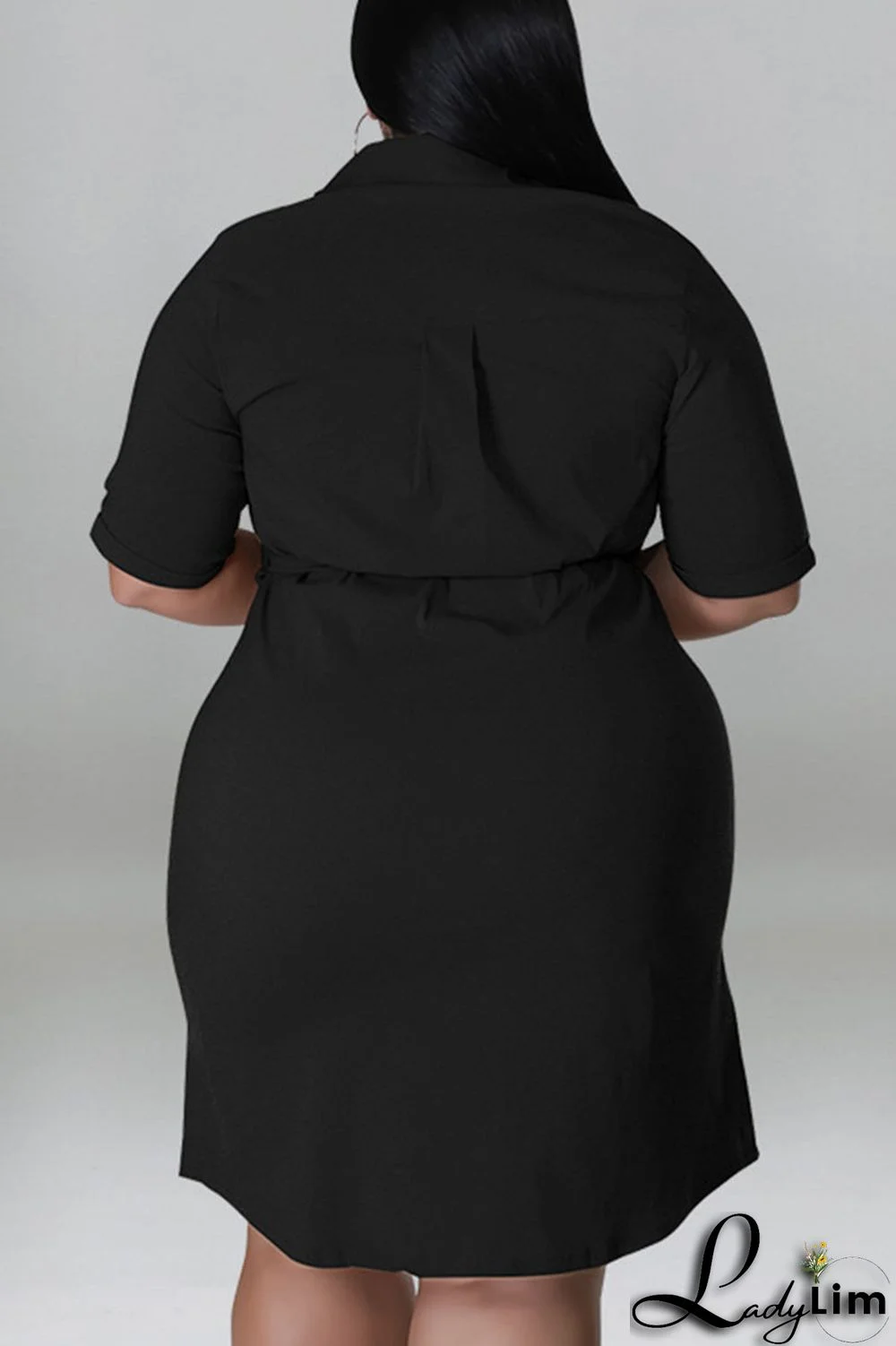 Black Casual Solid Patchwork Buckle Turndown Collar Straight Plus Size Dresses