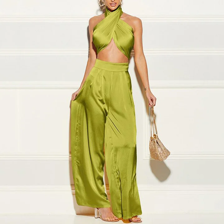 Casual solid color Halter top and Wide Leg Pants Two Set