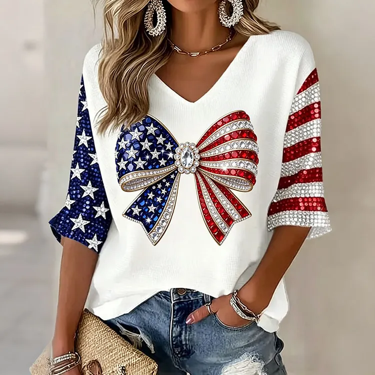 Women's Bow Tie Flag Art Three-quarter Sleeve V Neck Linen Tops