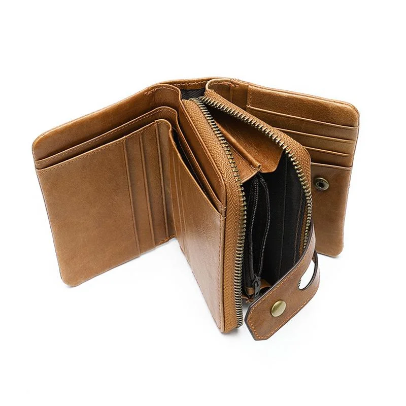 Genuine Leather Retro Multiple Compartment Card Slot Zip Closure Mini Wallet