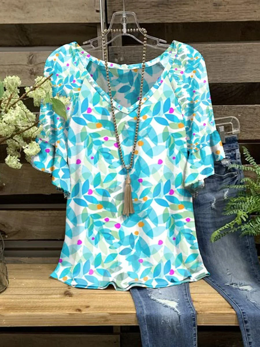 Women's Leaves Printing V-Neck Casual Top