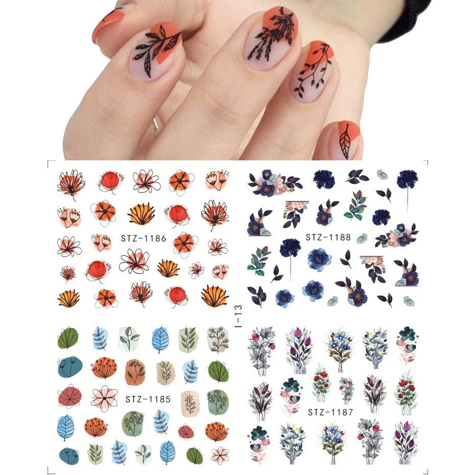 Nail Stickers Water Transfer Flowers Leafs Abstract Art Designs 4Pcs/Set Nail Decal Decoration Tips For Beauty Salons-Nail Inspo