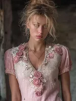 Vintage Boho Pink Rose Embroidered V Neck Linen T Shirt