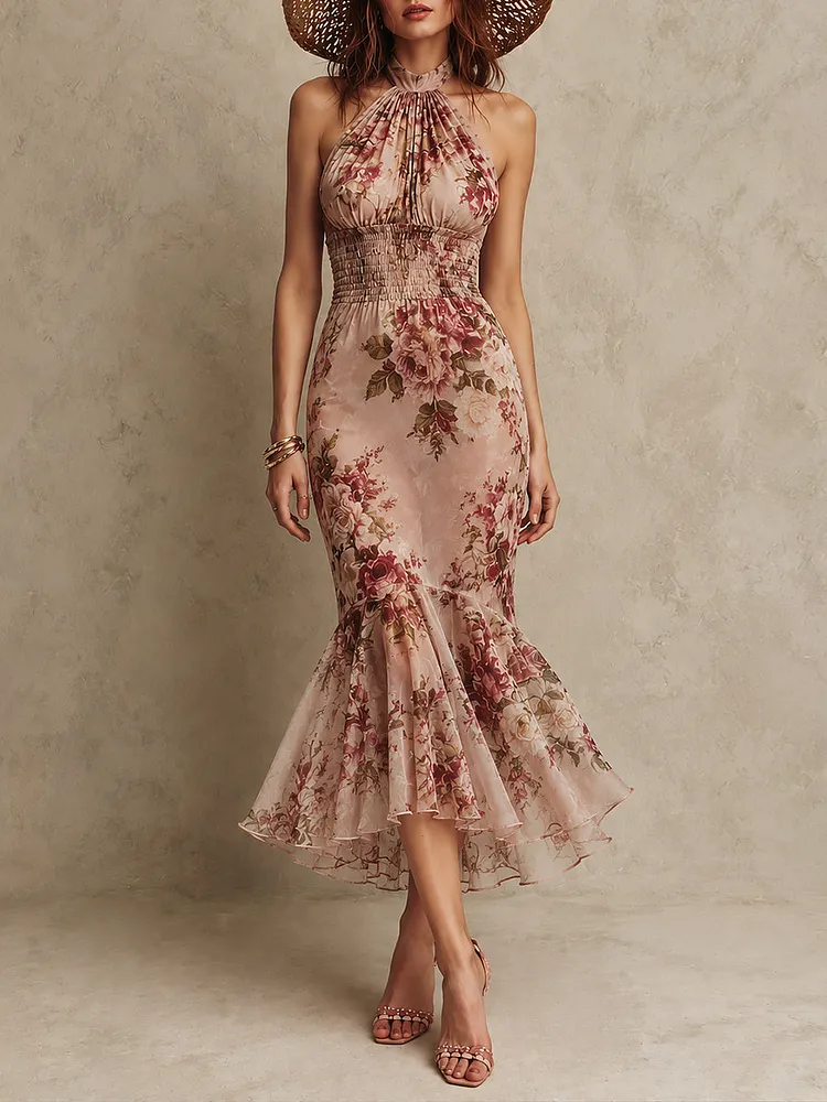 Retro Stand-Collar Shirred-Waist Fishtail Chiffon Printed Maxi Dress