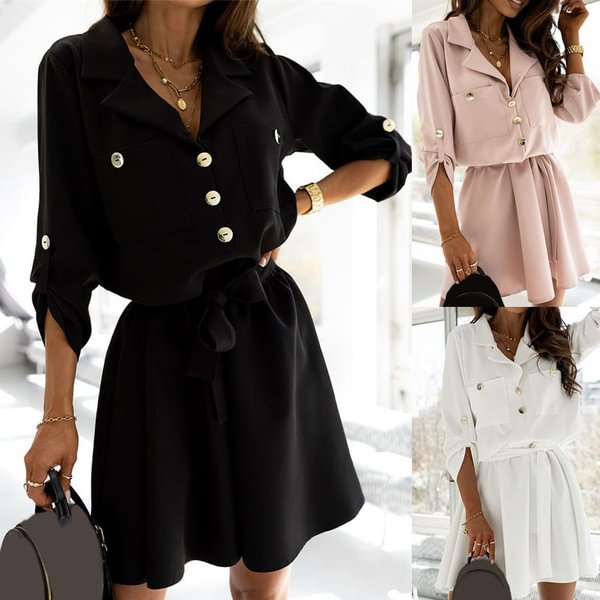 OL Style Turn-down Collar Long Sleeves Buttons Shirt Dress Collect Waisted Mini Pocket Dress Vestidos Casual - Life is Beautiful for You - SheChoic