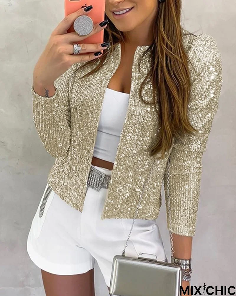 Long Sleeve Open Front Sequin Coat