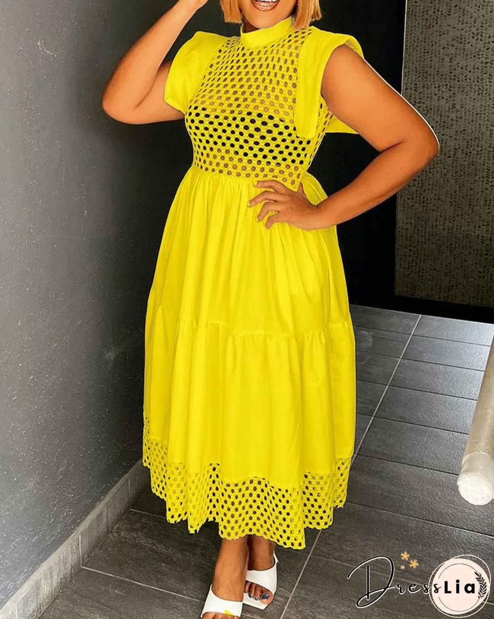 Plus Size Hollow Out Ruched Casual Maxi Dress