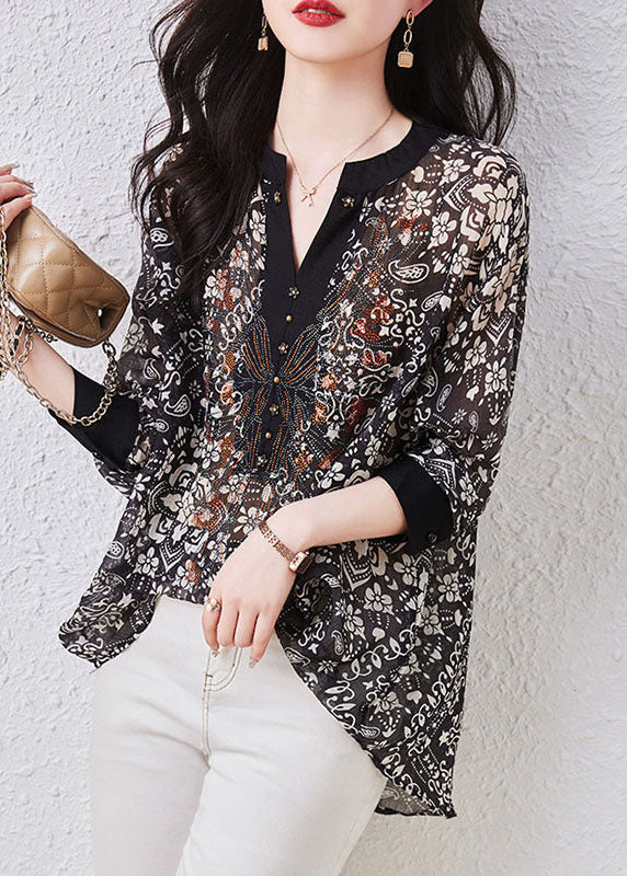 VCSHOES Black V Neck Print Patchwork Chiffon Shirts Top Long Sleeve