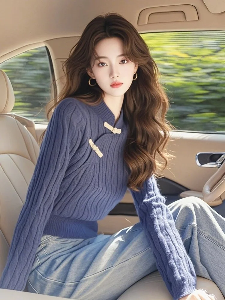 Athvotar Athvotar Chinese Style Blue Retro Collared Knitted Bottom Shirt 2025 Autumn And Winter New Chic Long-Sleeved Top