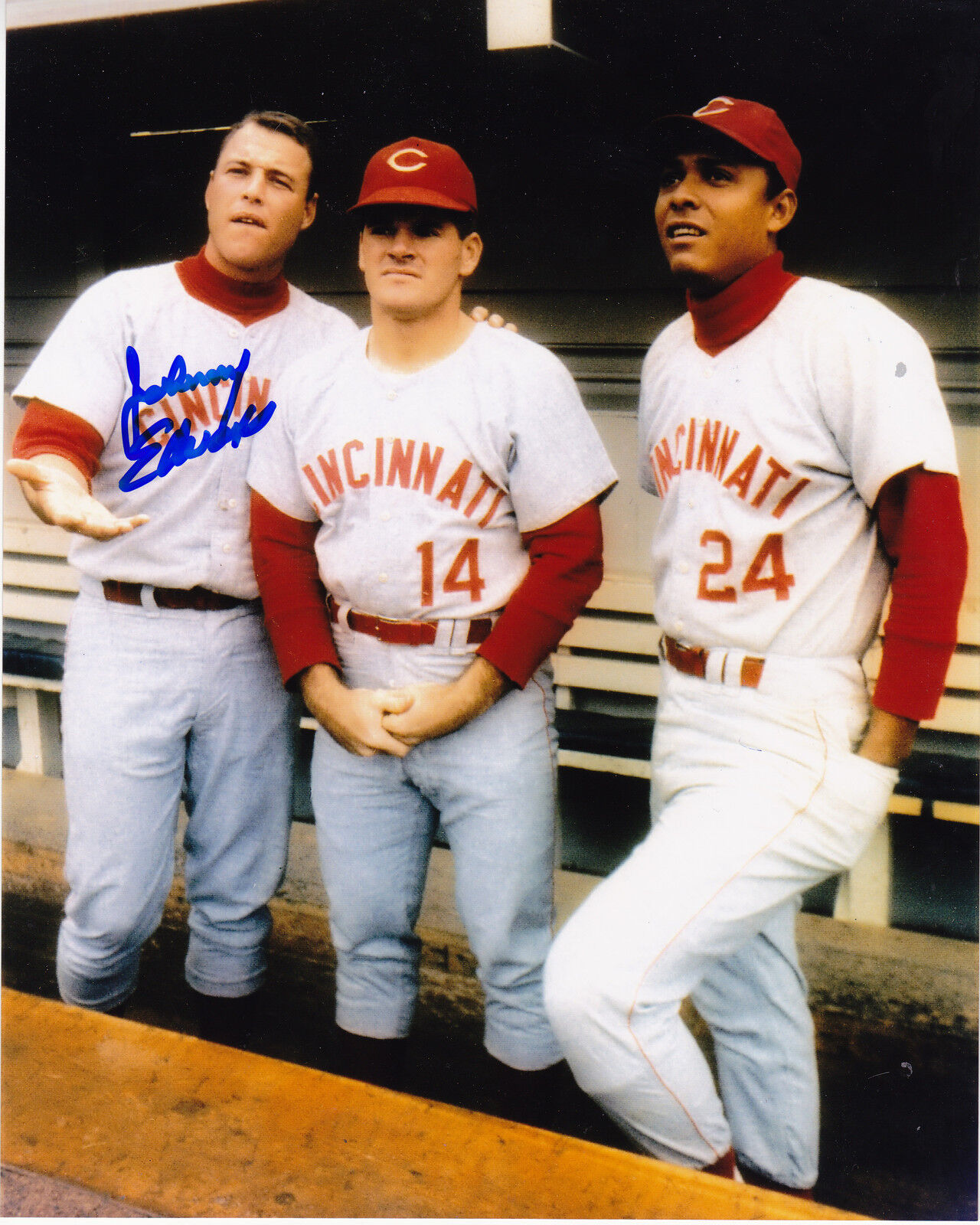 JOHNNY EDWARDS CINCINNATI REDS W/ PETE ROSE, TONY PEREZ ACTION SIGNED 8x10