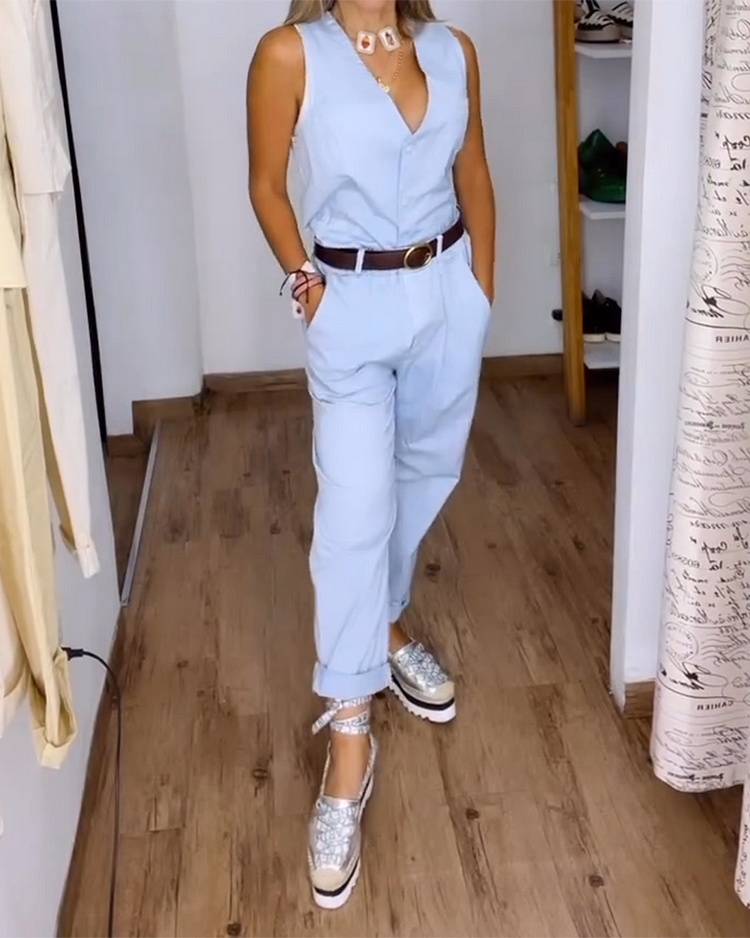 Buttoned V-neck Top and Pants Two-piece Suit Without Belt