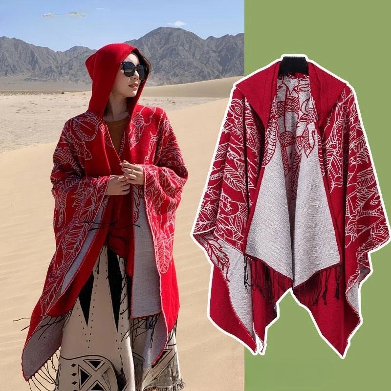 Ethnic Style Hooded Cape Women’s Yunnan Tibet Western Sichuan Grassland Bohemia Travel Wear Scarf Coat