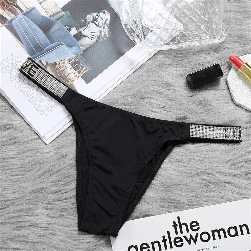 FINETOO Sexy Women Rhinestone Panties G-string Crystal Underwear Lace Pantys Femme Perspective Thong Letter Tanga Girl Lingerie