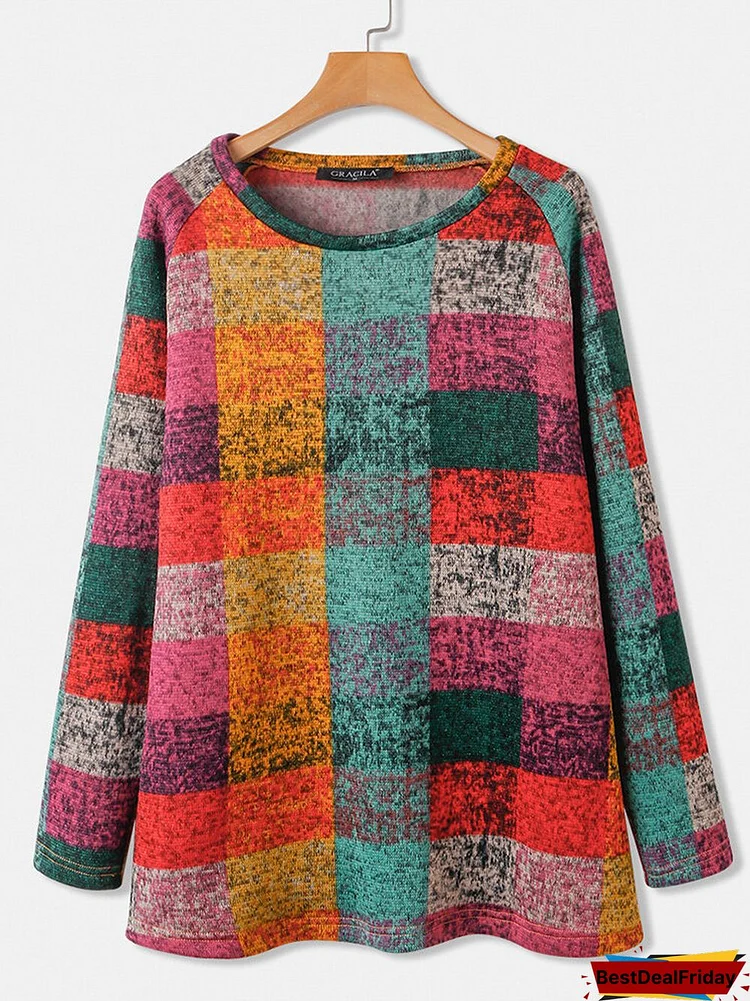 Multi-color Plaid Print Sweatshirt Long Sleeve Vintage Knit Sweater
