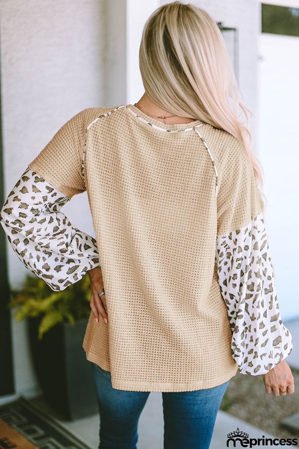Waffle-Knit Balloon Sleeve Blouse