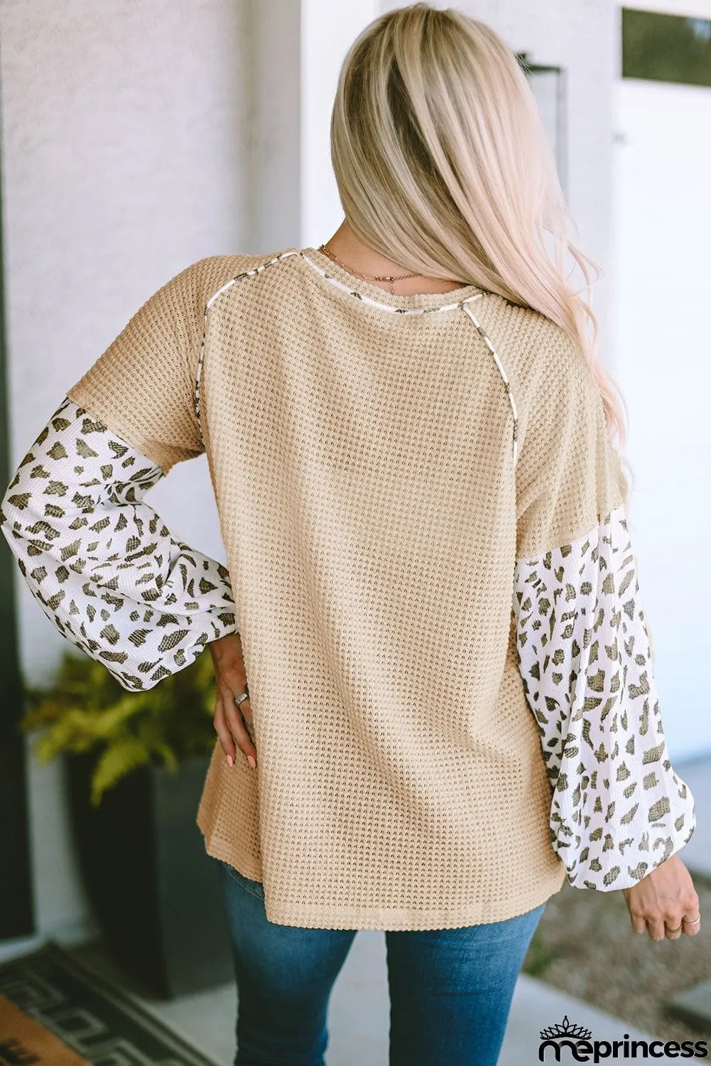 Waffle-Knit Balloon Sleeve Blouse