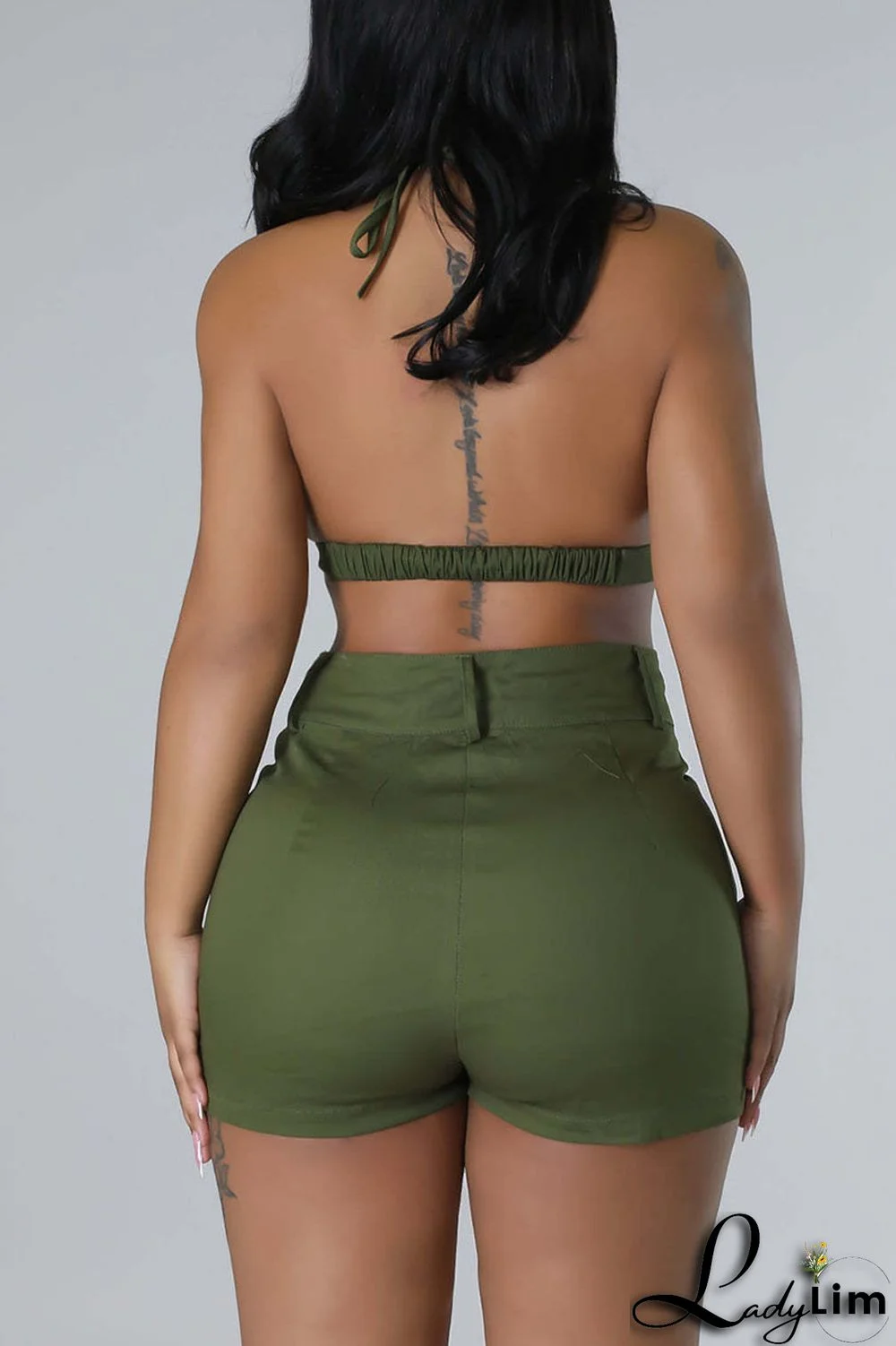 Olive Green Sexy Street Solid Patchwork Pocket Backless Sleeveless Two Pieces