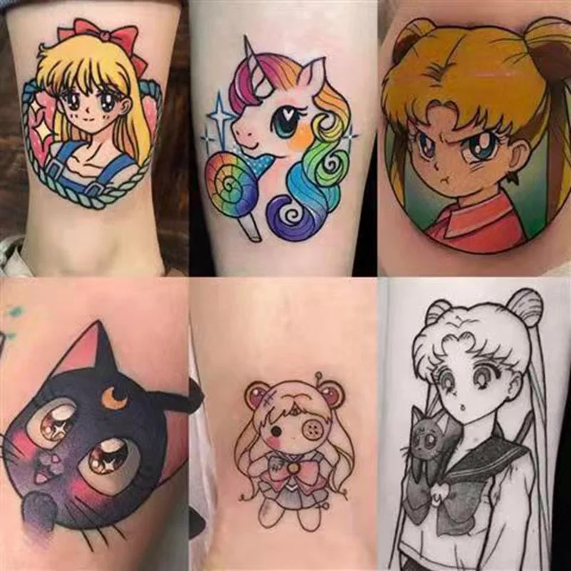 36piece Small Cartoon Temporary Tattoo Stickers Set for Men Women Kids Waterproof Cute Sailor Moon Cat Fake Tattoo Sexy Tattoos
