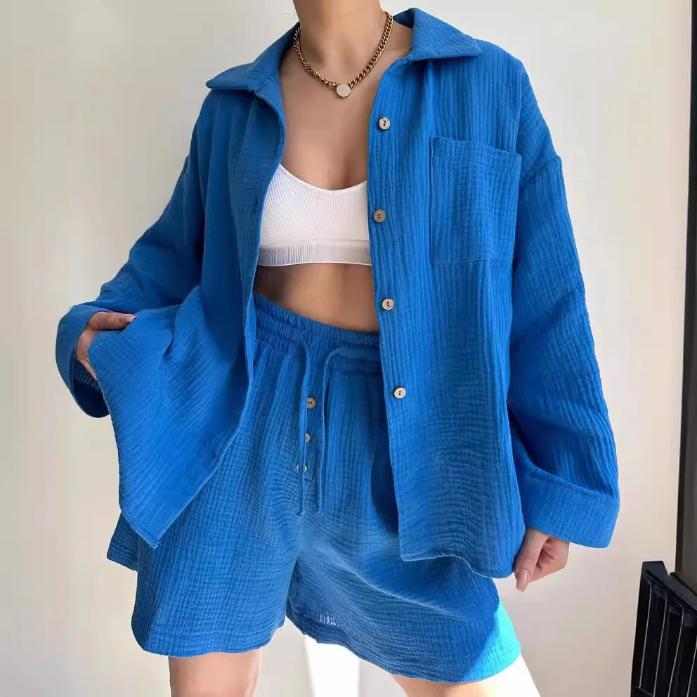 Nigikala Nigikala Women's Wrinkle Collar Long-Sleeved Shirt High-Waisted Rope Shorts Fashion Casual Two-Piece Set