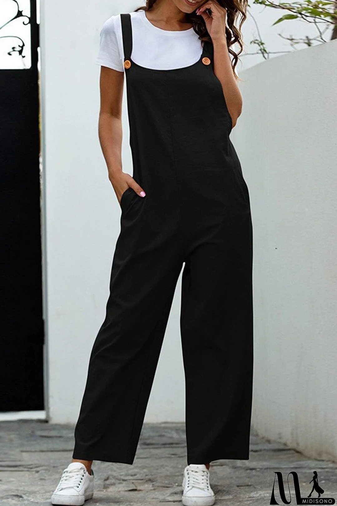 MidiSono - Solid Color Sleeveless Long Pants Jumpsuits
