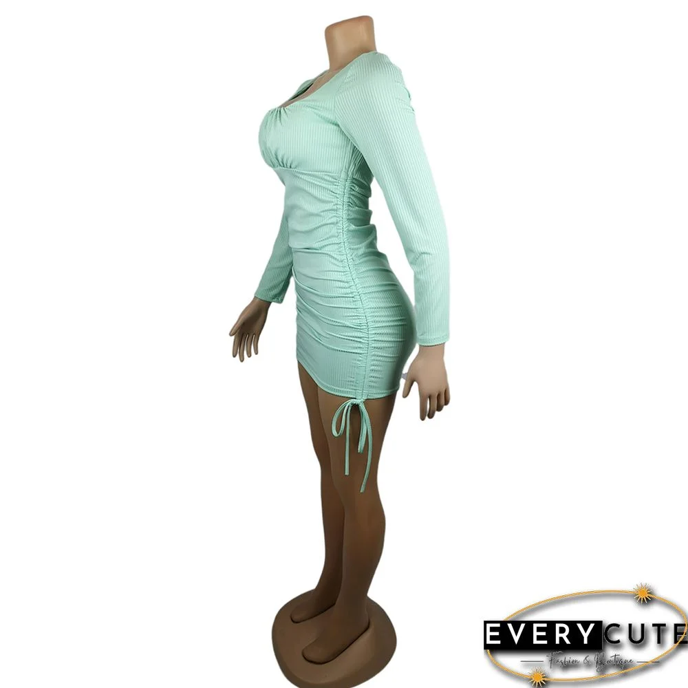 Light Green Square Neck Drawstring Long Sleeve Bodycon Dress