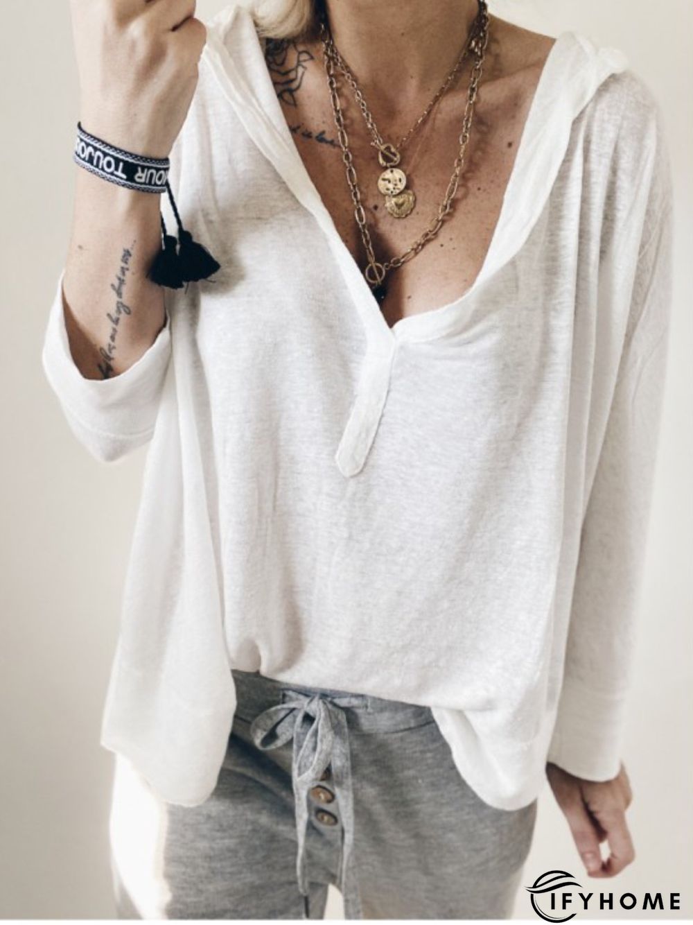 White Solid Long Sleeve V Neck Casual Tops | IFYHOME