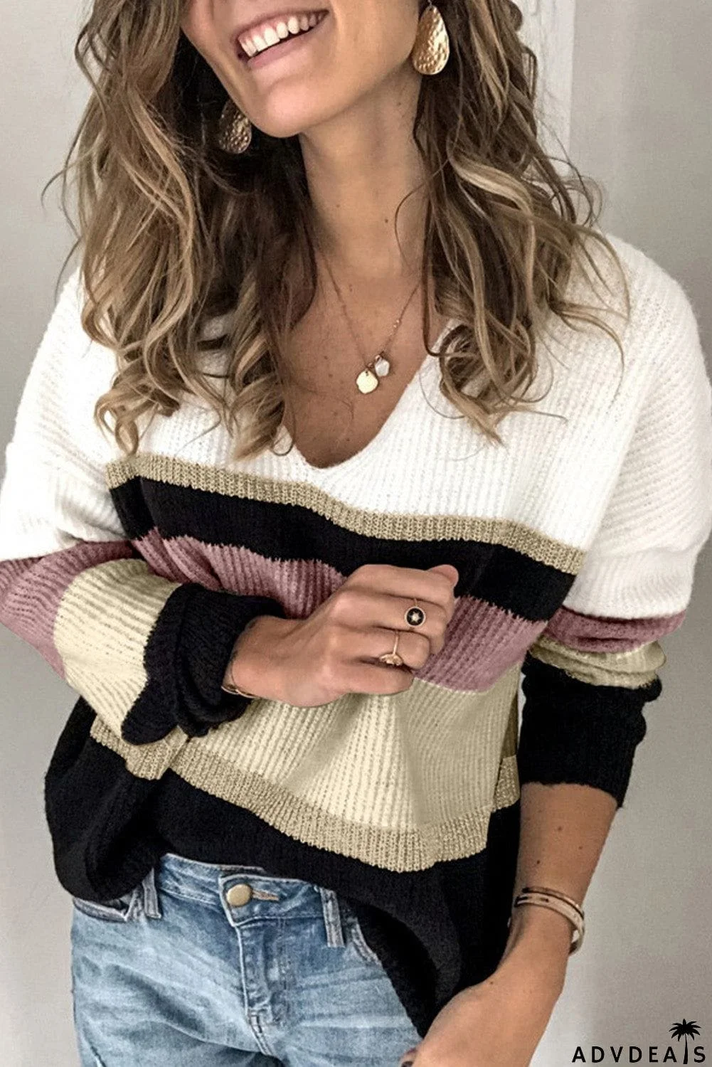 Khaki Casual Color-Block Striped Long Sleeve V Neck Sweater