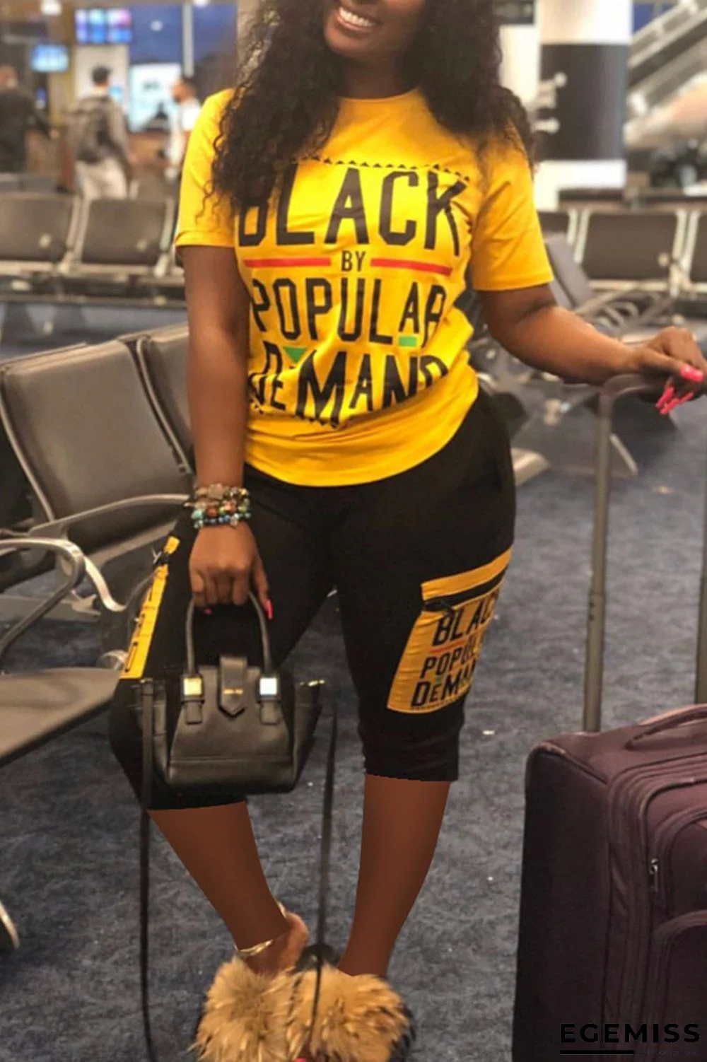 Yellow Casual Print Patchwork O Neck Short Sleeve Two Pieces | EGEMISS