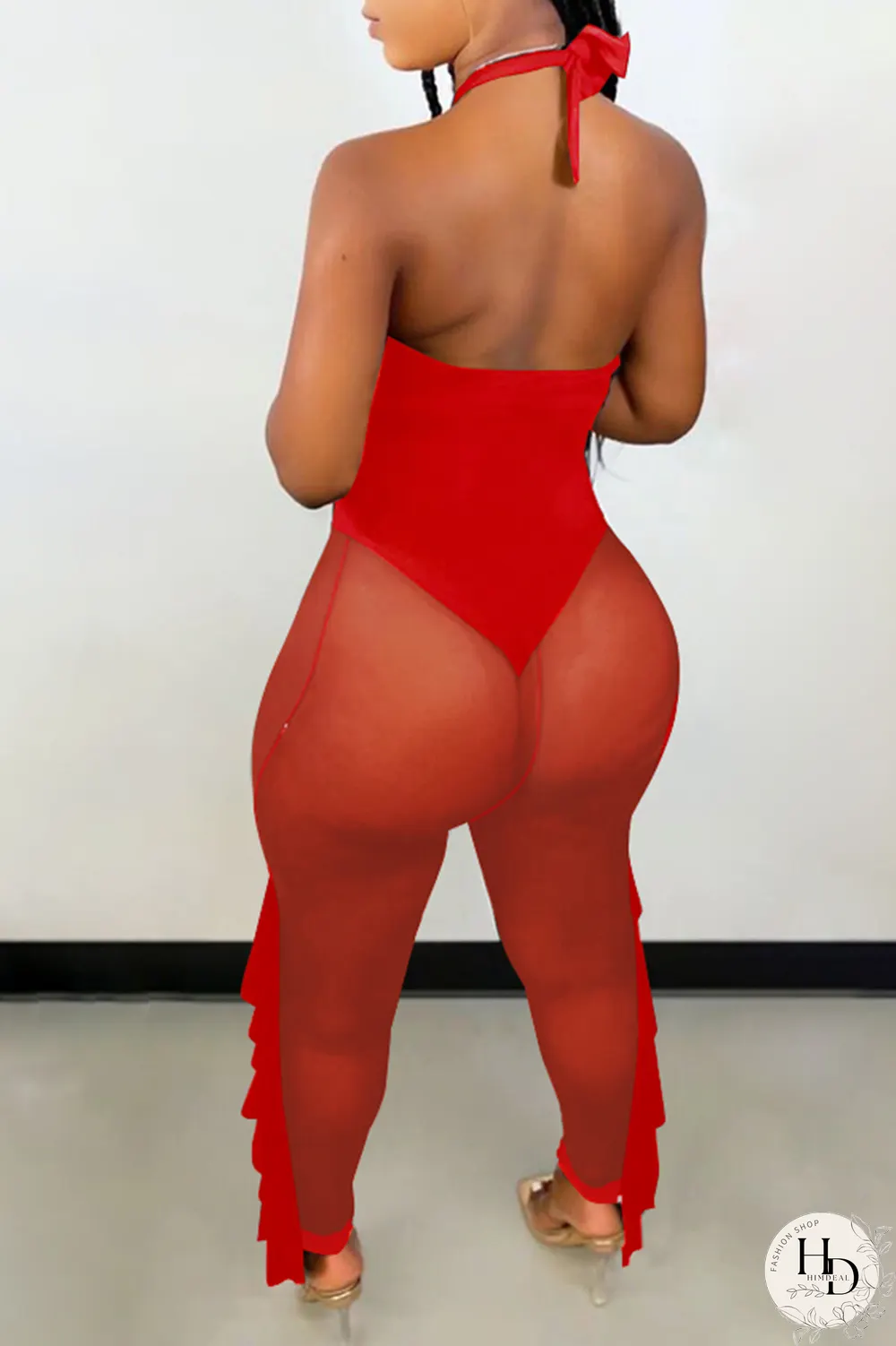 Red Sexy Solid Flounce Mesh Halter Skinny Jumpsuits
