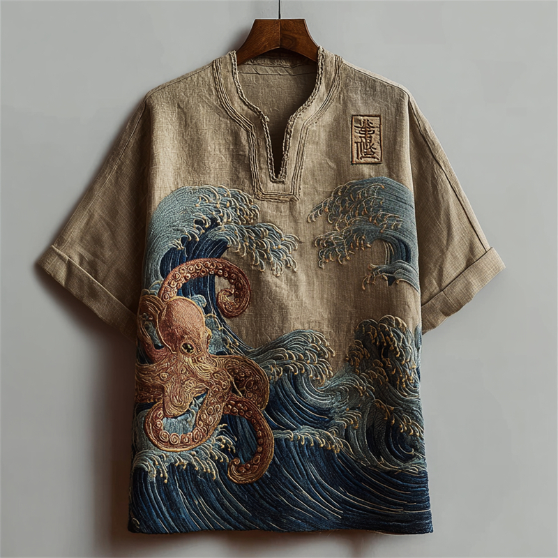 Japanese Octopus Great Sea Wave Embroidered Linen Shirt  artssus