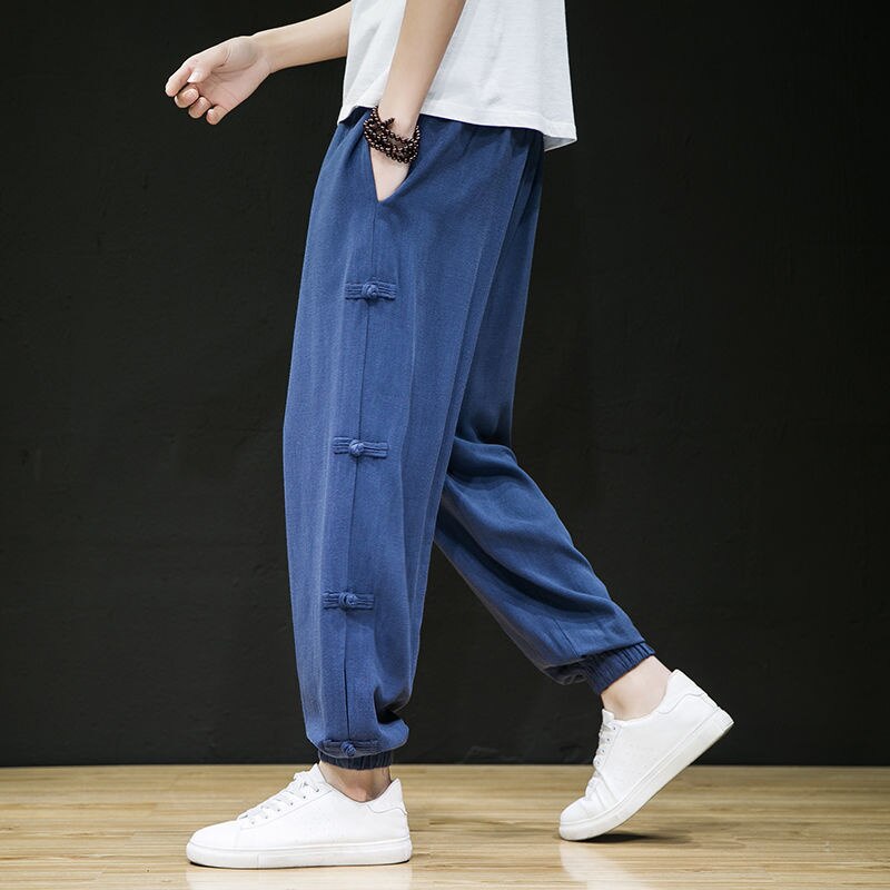 Chinese Style Cotton Linen Casual Pants Men Ethnic Harajuku Vintage Loose Joggers Pants Men Trousers Elastic Waist Harem Pants