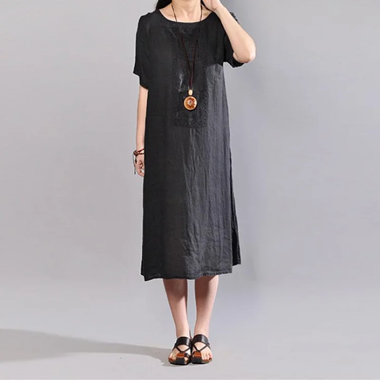 Fine Midi-length linen dress trendy plus size Summer Round Neck Short Sleeve Pure Color Flax Dress