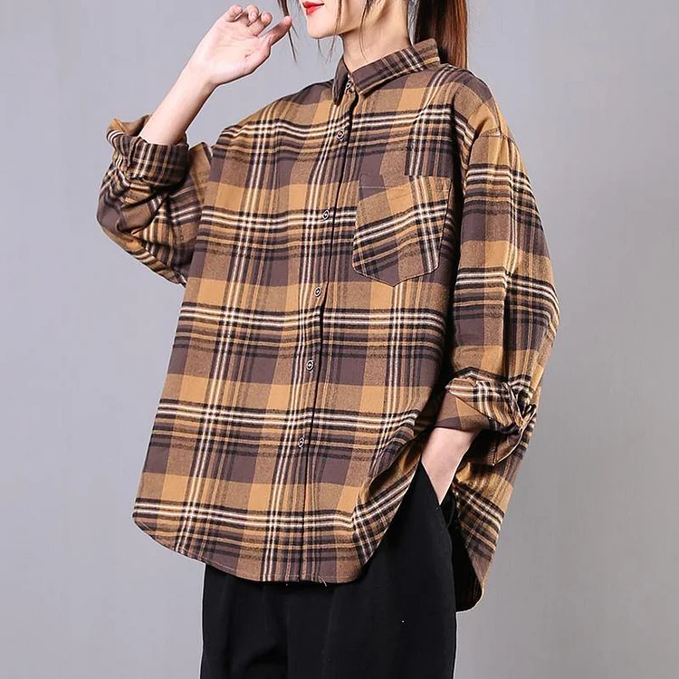 French lapel Button Down cotton box top Neckline yellow plaid blouse